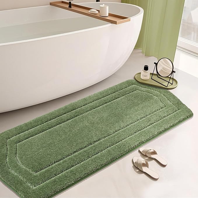 COSY HOMEER Bathroom Rugs Mat 24”x70” Absorbent Non-Slip Bath Mat, Plush Shaggy Bathroom Runner, Machine Washable Large Soft Bath Mats for Bath Floor,Tub and Shower,Green