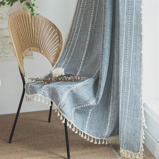 Sutuo Home Boho Curtains for Bedroom Living Room Kitchen, Semi-Blackout French Country Farmhouse Vintage Linen Shabby Chic Tassels Hollow Window Treatment Bohemian Drape, 1 Panel 52" W x 63" L, Blue