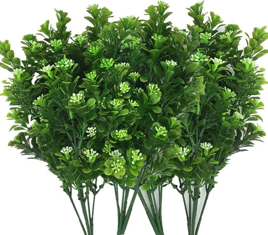 CATTREE Artificial Plants, Faux Plastic Bean Flowers Shrubs Fake Grass Leaves Simulation Greenery Bushes Indoor Outside Home Garden Office Yard Verandah Wedding Decor - 4 Pcs