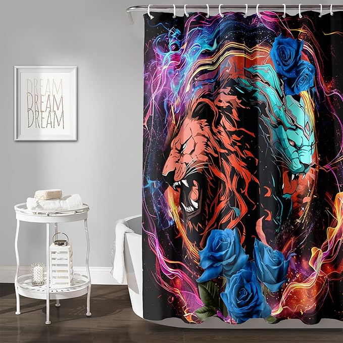 AILONEN Howling Lion Leopard Print Shower Curtain,Cartoon Animal Lion Theme Kids Boys Bath Curtain,Modern Fantasy Colorful Waterproof Decor Shower Curtain, 60" W x 72" H