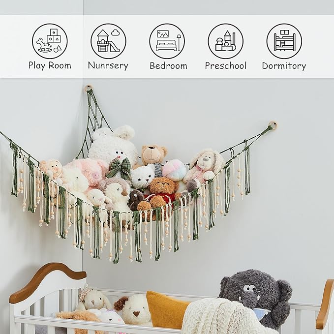 Pretty Jolly Stuffed Animal Storage Hammock with Wooden Beads Corner Hanging Net Boho Tassel for Toy Plush Holder for Kid Room Nursery Decor Wall Display Organizer for Girls Boy Gift(Avocado Green)