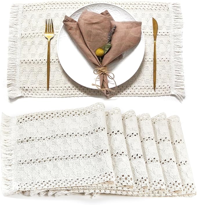 FEXIA Boho Placemats Set of 6, Macrame Table Decor and Farmhouse Style Placemats Natural Cotton Burlap, for Dining Table Kitchen