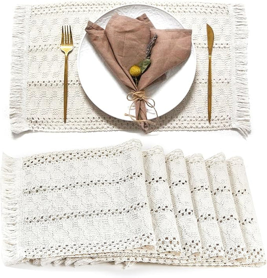 FEXIA Boho Placemats Set of 6, Macrame Table Decor and Farmhouse Style Placemats Natural Cotton Burlap, for Dining Table Kitchen