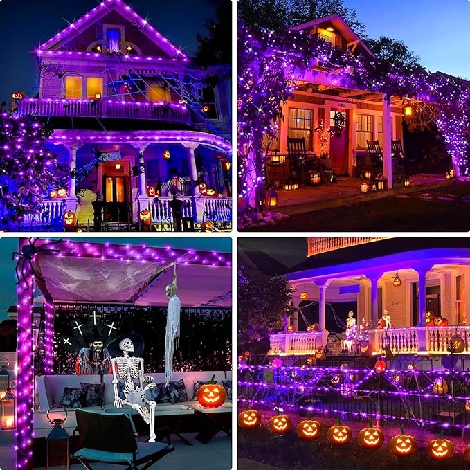 Halloween Decorations Lights, Solar String Outdoor Lights Purple 500LED Solar Outdoor Waterproof 19 Modes Decorations for Fence Balcony Holiday Party