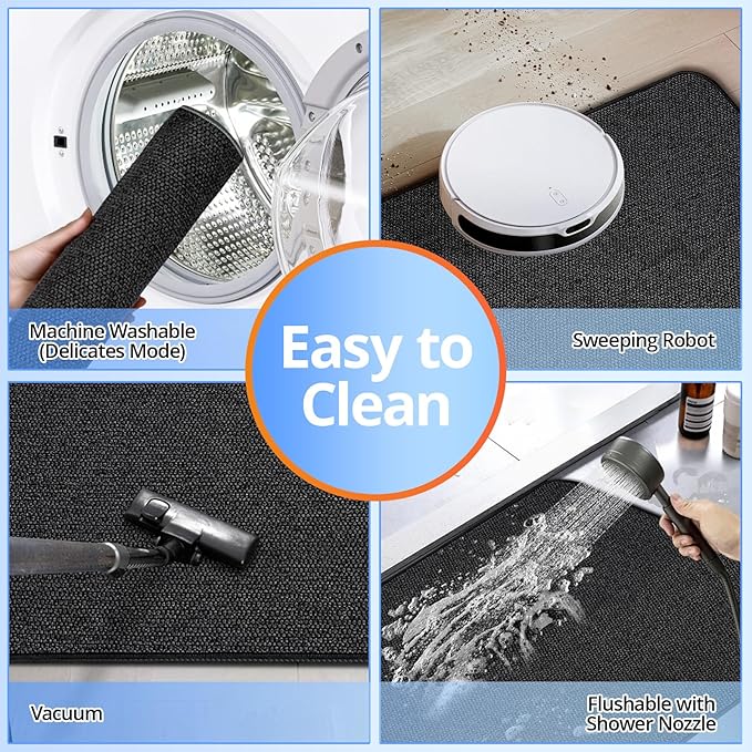 Upgraded Thin Bathroom Rugs, Bath Mat Super Absorbent, Bath Rugs Rubber Backing Non-Slip, Quick Dry Machine Washable, Cozy Cloth Bathroom Mat fit Under Door/Sink/ Bathtub/Shower/Kids 17''x27''-Black