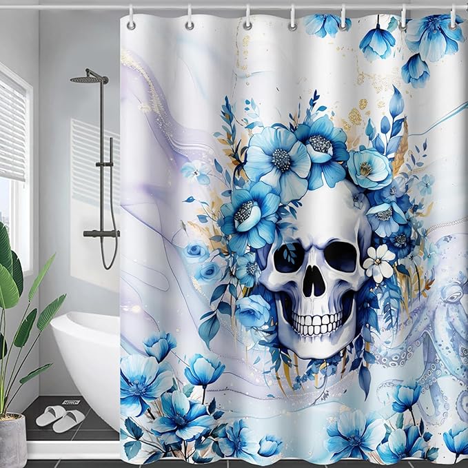 AILONEN Sugar Skull Blue Shower Curtain, Watercolor Floral Skull Octopus Printed Bath Curtain,Bathroom Waterproof Shower Curtain for Boys Girls 72" W x 84" H,with 12 Plastic Hooks