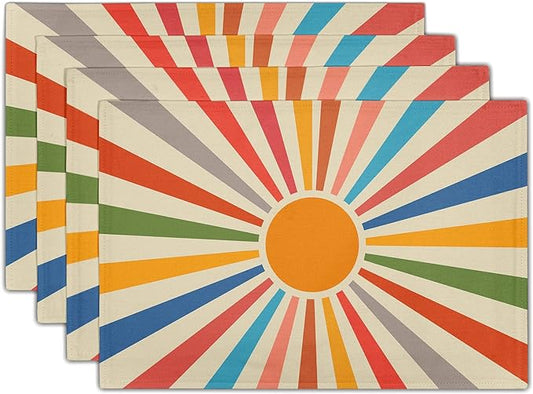 Colorful Boho Placemats Set of 4 Rustic Retro Rainbow 70s Sun Linen Washable Kitchen Dining Table Mats Stain Heat-Resistant Desktop Decor Place Mats for Home Party Indoor 12x18 in