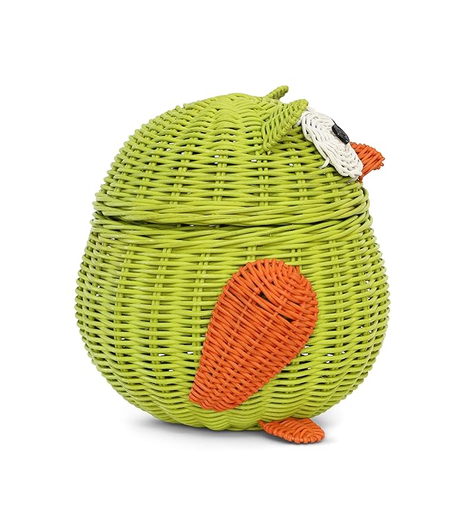 Owl Rattan Storage Basket With Lid Decorative Bin Home Decor Hand Woven Shelf Organizer Cute Handmade Handcrafted Nursery Gift Animal Decoration Artwork Wicker Hoot Owl Green