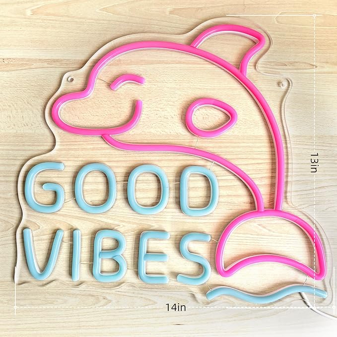Good Vibes Neon Dolphin Sign, Ice Blue & Pink for Bedroom Wall Decor, Party or Happy Hour, Brightness Adjustable | Includes 5V Charger