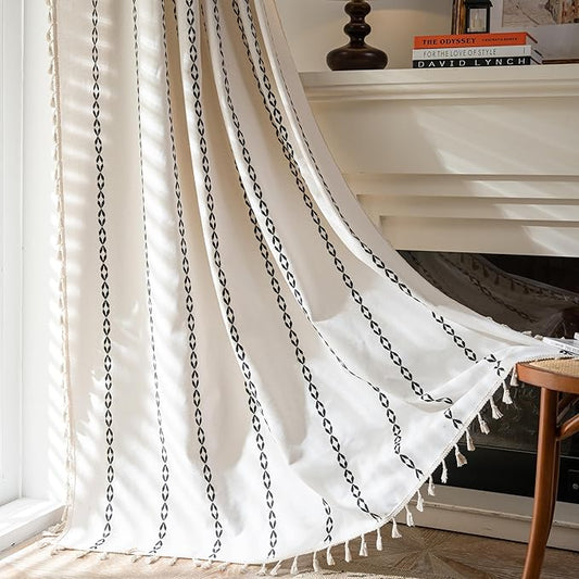Sutuo Home Boho Farmhouse Curtains 72 Inches Long for Living Room Bedroom Bohemian House Drapes Country Style, Textured Stripe Embroidery Privacy, White and Black 1 Panel W52 x L72