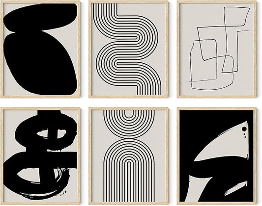 HAUS AND HUES Black Abstract Painting Aesthetic Wall Art- Set of 6 Modern Abstract Wall Art, Black and Gray One Line Abstract Art, Geometric Print Wall Art, Minimalist Wall Art (Beige Frame, 16x20)