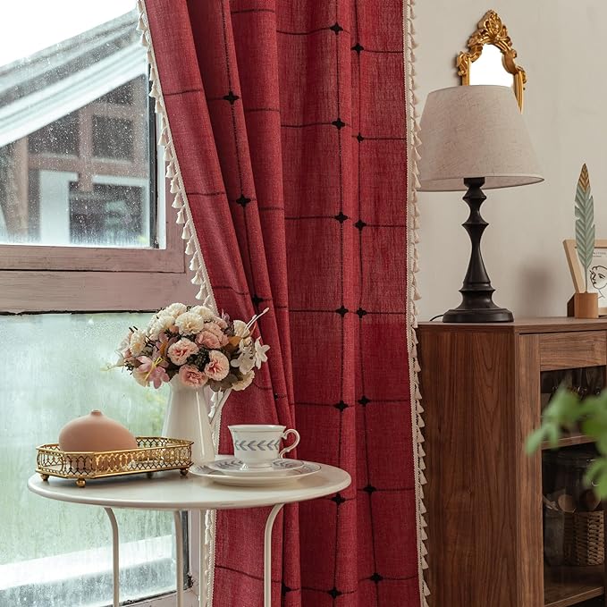 Sutuo Home Boho Curtains for Bedroom 96 Inch Length, Semi Blackout Checkered Linen Farmhouse Vintage Chic Tassels Window Treatment Bohemian Drape for Xmas Decor 1 Panel 52" W x 96" L, Red Plaids