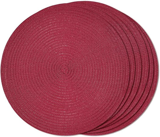 FunWheat Round Braided Placemats Set of 6 Place mats for Dining Tables Woven Heat Resistant Table Mats 15 inch (Wine)