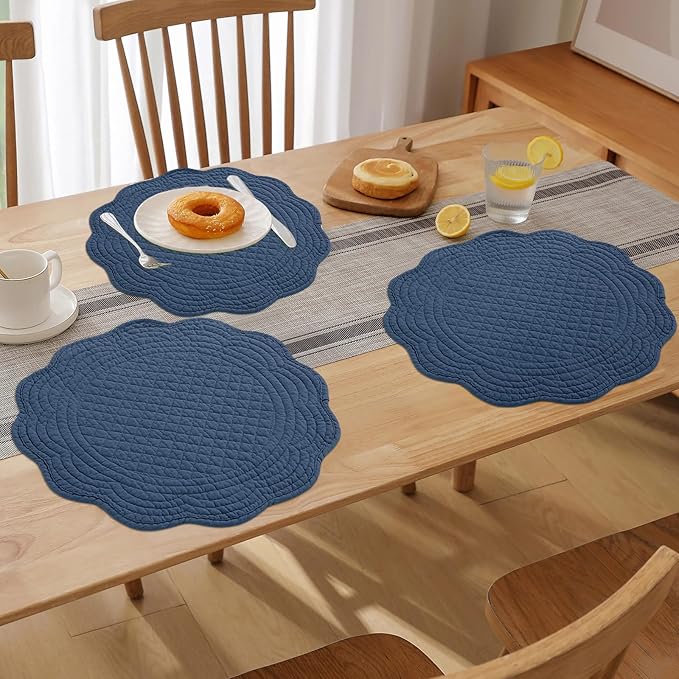 HOMBYS Quilted Placemats Set of 6 Washable Round Placemats for Kitchen Table-100% Cotton Fabric 13 Inch Round Table Mats, Cotton Fabric with Microfiber Filling, (13"x13", Sapphire Blue)