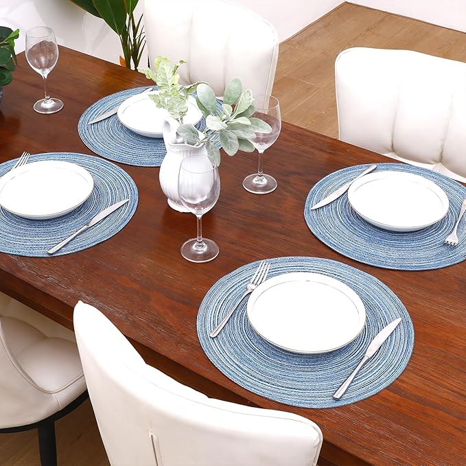 SHACOS Round Braided Placemats Set of 4 Dining Table Placemats 15 inch Circle Place Mats Easy to Clean Table Mats Indoor Outdoor, Blue Gray