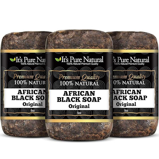 It's Pure Natural African Black Soap Bars Original (Pack of 3) Organic Raw Soap for Face & Body, Acne Treatment & Dark Spot Remover [Made in Ghana]