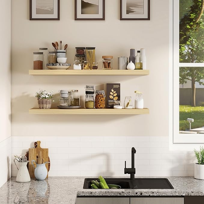 Fun Memories Rustic Real Wood Floating Shelves, 8 Inch Deep Floating Shelf Wall Mounted, 36" W x 8" D Wall Shelves Storage Shelves for Living Room, Bedroom, Bathroom, Natural Finish, Set of 2