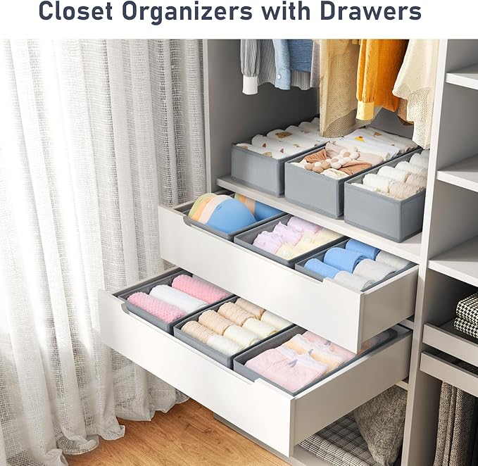DIMJ Drawer Organizer Clothes - Underwear Organizer Small Sock Organizer Closet Organizers and Storage Box Dresser Drawer Dividers for Baby Clothes,Bra,Socks, Belt, Tie, Set of 6,Grey