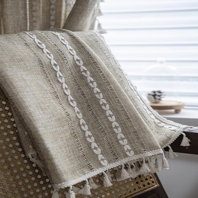 ColorBird Boho Curtains for Living Room, 63 inch Tan Linen Darkening Drapes for Bedroom, 2 Panels Embroidered Farmhouse Rustic Window Curtain Panels for Nursery Closet
