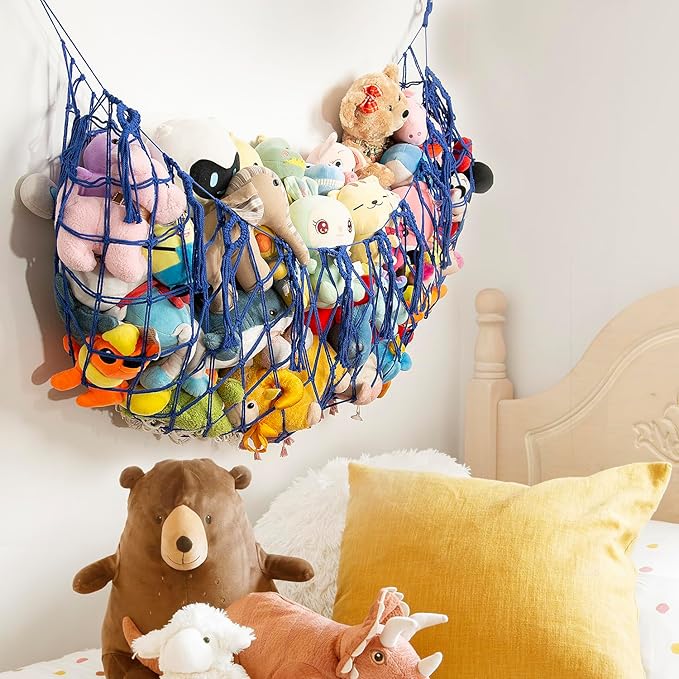 Large Stuffed Animal Storage Net or Hammock for Wall Mounted Macrame Stuffed Animal Display For Boho Nursery Baby Boy Playroom Toy Organizers Pet Net-Blue