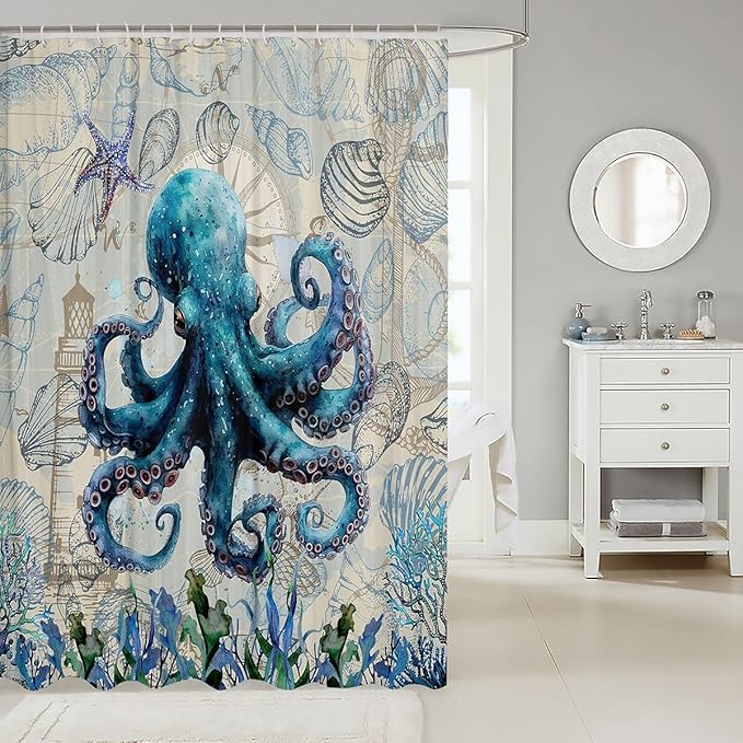 Feelyou Octopus Fabric Shower Curtain Sea Themed Shower Curtain for Kids Boys Girls Shells and Corals Bathroom Waterproof Accessories with 12 Hooks Blue and Brown Curtains,72X72 Inches