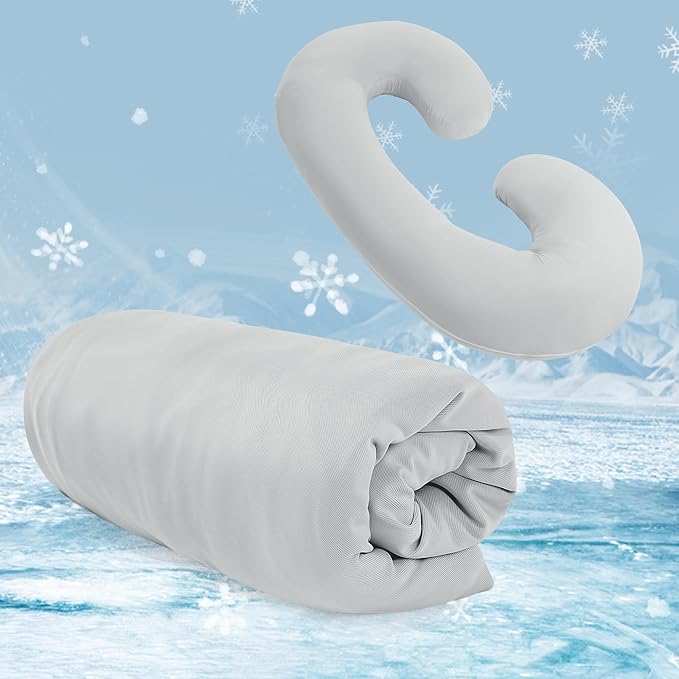 Cooling Pregnancy Pillow Cover (ONLY Pillowcase), Q-Max 0.4 C Shaped Luxurious Smooth Maternity Pillow Cover with Hidden Zip, Cool Large Pillow Protector for Side Hot Sleeper, Grey, 60x34 in