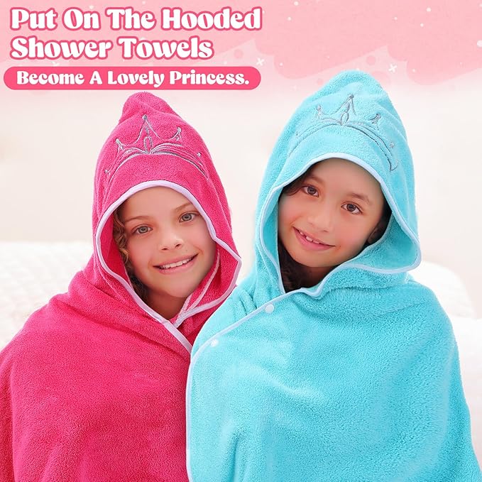 2 Pcs Princess Toddler Bath Towel Oversized Baby Hooded Bath Towel Thick Absorbent Soft Toddler Beach Towel for Kids Girls Up to 10 Years, 27 x 48 Inch, Pink and Blue
