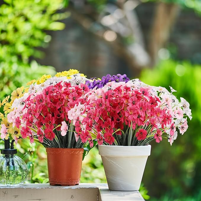 22 Bundles Artificial Flowers Outdoor, Faux Flowers UV Resistant with Plastic Plants, Faux Silk Flowers for Outdoors Outside Front Porch Hanging Planter Window Box Garden Decoration(Rose Red)
