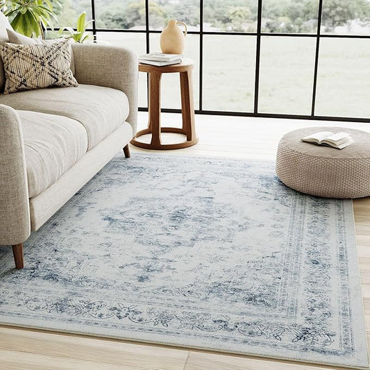 Area Rug 4x6 Washable Blue Rug Vintage Boho Medallion Entryway Door Mat Distressed Retro Carpet Non Slip Low Pile Small Soft for Office Kitchen Bedroom Laundry Bathroom Hallway