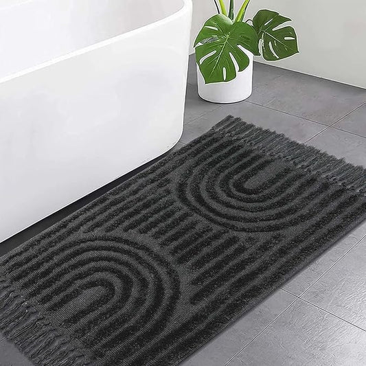 LEEVNA Washable Bathroom Rugs 2'x3', Hand-Woven Kitchen Rug with Tessal, Dark Grey Bedroom Throw Rugs, Boho Tufted Rainbow Rugs, Farmhouse Indoor Door Mat for Entryway/Porch/Back Door