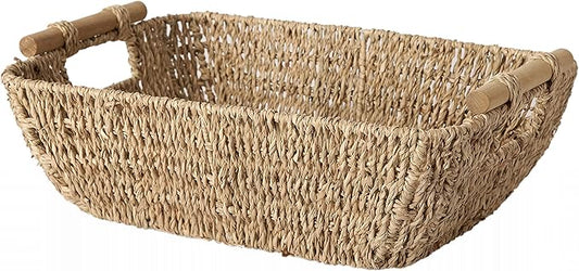 Artera Shallow Wicker Storage Basket - Medium Woven Seagrass Baskets with Wooden Handles for Bathroom, Kitchen Pantry Organizing, Perfect as Drawers, 15" x 10.6" x 5,3" (1, M)