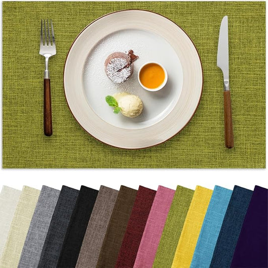 Placemats Set of 4, Bilayer Thickened Linen Place Mats Heat Resistant Machine Washable Wrinkle Free Carefully Selected Polyester Mats for Kitchen/Dining/Coffee Table (Lime Green)