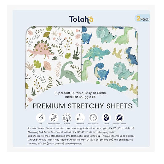 TotAha Pack and Play Sheets Fitted, Buttery Soft Dinosaur Mini Crib Sheets Boy, Stretchy Graco Pack n Play Mattress Sheet, 2-Pack Universal Fit Playard Mattress Cover, All-Season Jersey-Knit