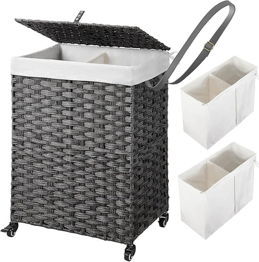 Greenstell Laundry Hamper with Wheels, No Install Needed, 90L Divided Handwoven Hampers & 2 Removable Liner Bags, Rattan Clothes Laundry Basket with Lid & Handles, Foldable Hampers Gray 18x13x26.4 In