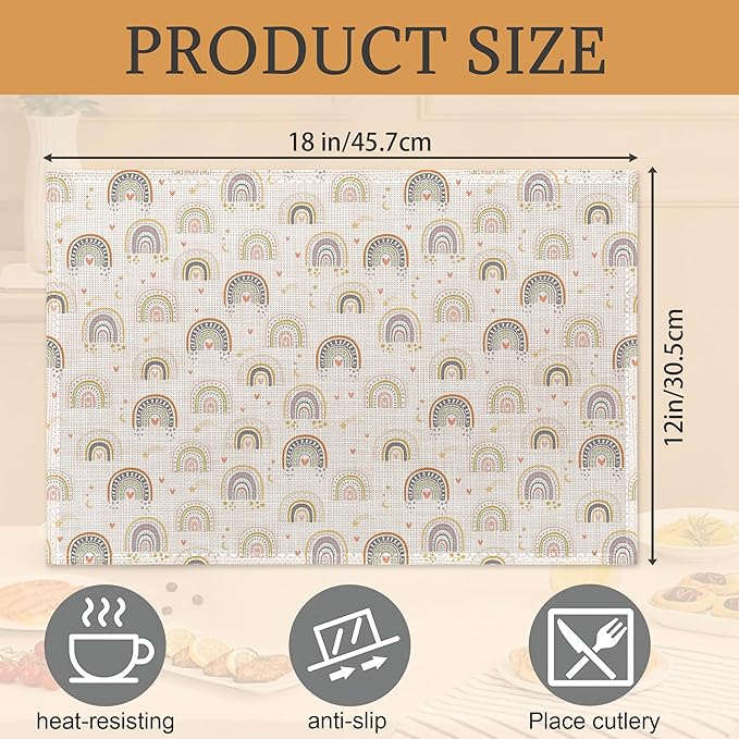 Boho Rainbow Placemats Set of 6,Washable Heat Resistant 12×18 Inch Linen Table Mats Cute Place Mats for Party Outdoor Dining Décor