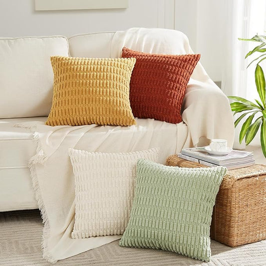 Fancy Homi 4 Packs Boho Fall Euro Decorative Throw Pillow Covers 28x28 Inch for Living Room Couch Bed, Rustic Farmhouse Home Decor, Soft Plush Striped Corduroy Square Colorful Cushion Case 71x71 cm