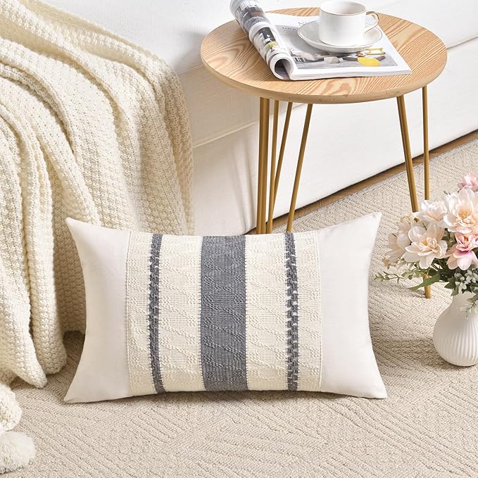 Fancy Homi Set of 2 Neutral Grey Farmhouse Long Lumbar Decorative Throw Pillow Covers 12x24 Inch for Couch Bed Chair, Vintage Country Rustic Retro Room Decor, Soft Thick Cotton Rectangle Cushion Case