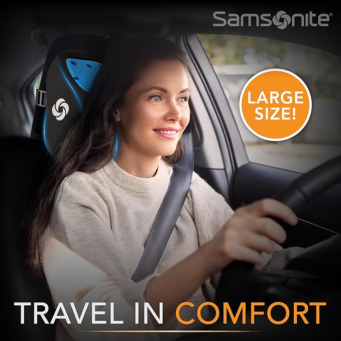 SAMSONITE, Infused-Gel Car Neck Pillow with Airflow Memory Foam, Headrest Support Cushion for Driving, Universal - Fits Any Vehicle, Including SUVs and Trucks, Washable Cover, Large Size, Black…