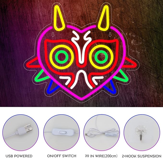 Majora's Mask Neon Sign, Zelda Gaming Neon Sign for Game Room Decor, Zelda Mask for Boys Room Decor & Gaming Wall Deocr, USB Powered Gamer Gifts for Boys, Teens and Zelda Fans