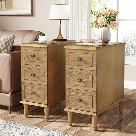 Tribesigns Solid Wood End Table, Fully Assembled Narrow Side Table with Drawers, Pre-Assembled Nightstand Slim Bedside Table for Small Spaces, Living Room, Bedroom, Wood Color, 2 Pcs