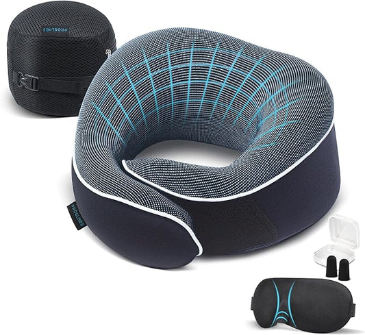 Orthopedic Neck Pillow Travel Neck Pillows for Airplanes, Memory Foam Kit, Updated Resting Material, Airplane Travel Set with 3D Contoured Eye Masks, Earplugs, and Luxury Mesh Bag (Blue)