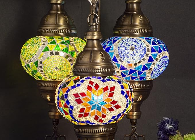 Mozaiist Anatolian Star Turkish Mosaic Glass Table Lamp, Metal Base, 3 Globe
