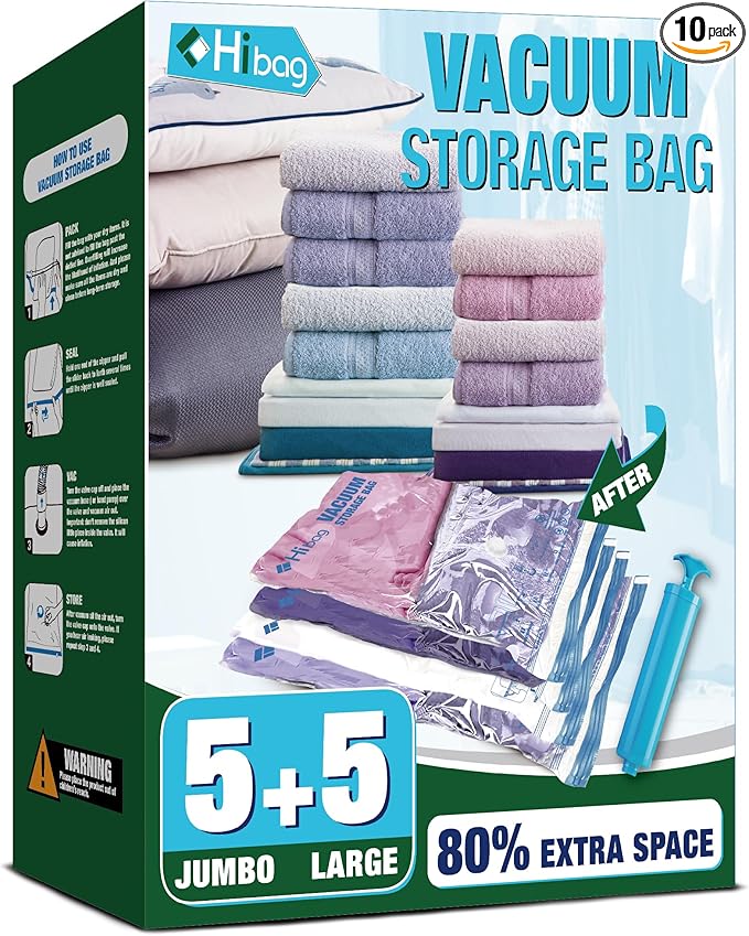 Vacuum Storage Bags, 5 Jumbo and 5 Large Space Saver Vacuum Seal Bags, Space Bags, Vacuum Seal Bags for Clothing, Clothes, Blankets, Bedding (5 Jumbo 5 Large)