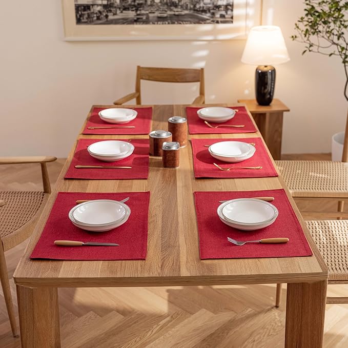 Demetex Placemats Set of 6 Red Linen Wipeable Place Mats Heat Resistant Cloth Placemats for Dining Table Restaurants Holiday, 13 x 19 inches, Wine Red