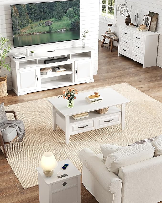 Marsail Farmhouse Coffee Table with Storage, 39.4" Wood Coffee Table for Living Room, Rustic Center Table with 2 Drawers, Open Display Area, White