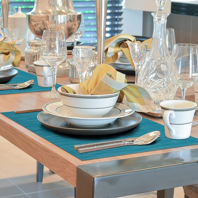 Winknowl Placemats Set of 4, Heat Resistant Stain Resistant Woven Vinyl Insulation Place mats, Durable Washable Elegant Table Mats for Kitchen Dining Table Decor (Teal Blue)