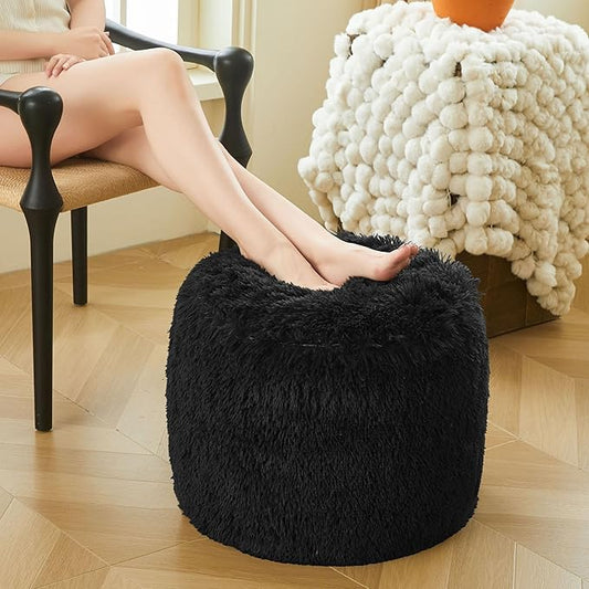 XeGe Fluffy Faux Fur Inflatable Pouf Ottoman, Comfy Portable Shaggy Fuzzy Foot Stool Anti-Slip, Plush Foot Rest Floor Pouf Home Decorative, Round Ottoman Cushion for Living Room Bedroom, Black