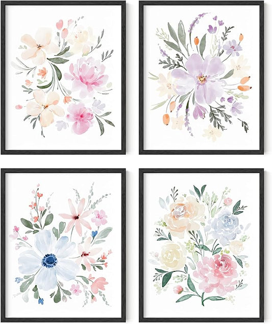 Haus and Hues Flower Wall Decor - Set of 4 Floral Wall Art, Floral Wall Decor, Flower Wall Art, Framed Flower Painting, Floral Pictures Wall Decor, Flower Pictures Wall Decor (Framed Black, 8x10)
