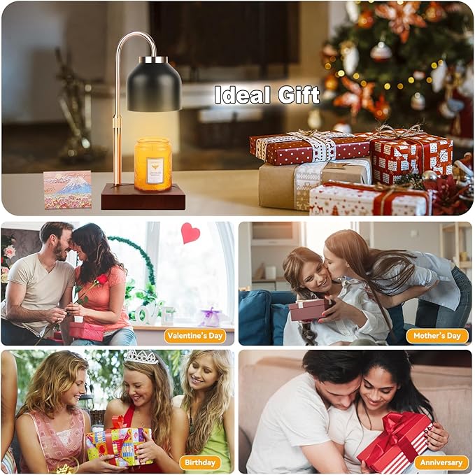 Candle Warmer Lamp with 3 Bulbs, Adjustable Height Dimmable Candle Warmer with Timer, Compatible with Large Jar Candles, Candle Lamp with Charming Gift Box Ribbon for Her/Him(Black)