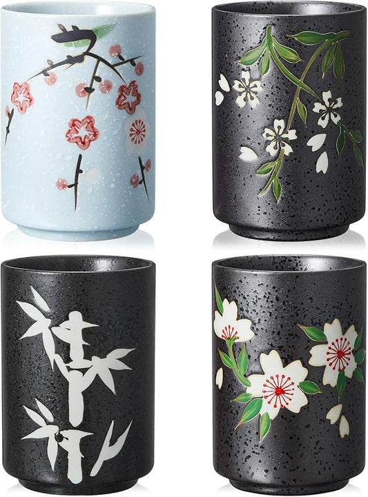 4 Pcs Japanese Tea Cups Handle Less Ceramic Japanese Gifts Chinese Restaurant Teacups Japan Mug Souvenirs for Matcha Bancha Green Tea(10 oz,Sakura)
